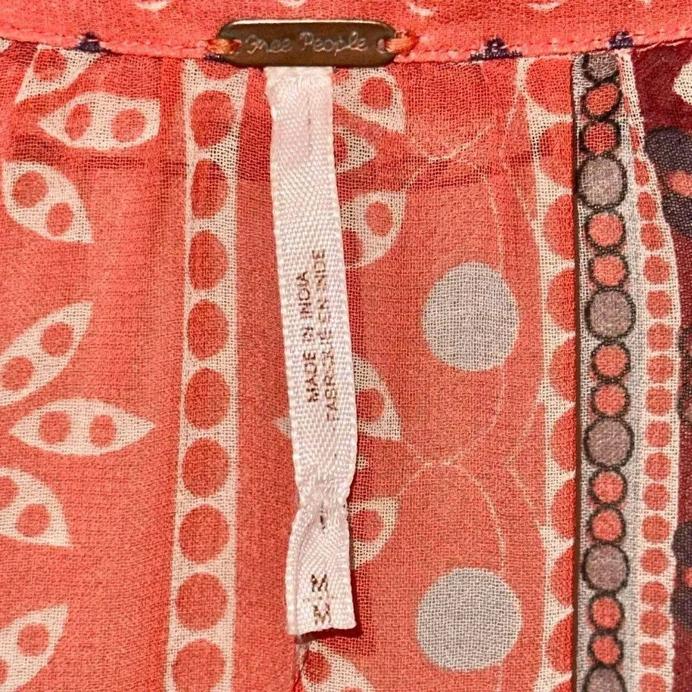 Free People Red, White & Black Sheer Patterned Blouse